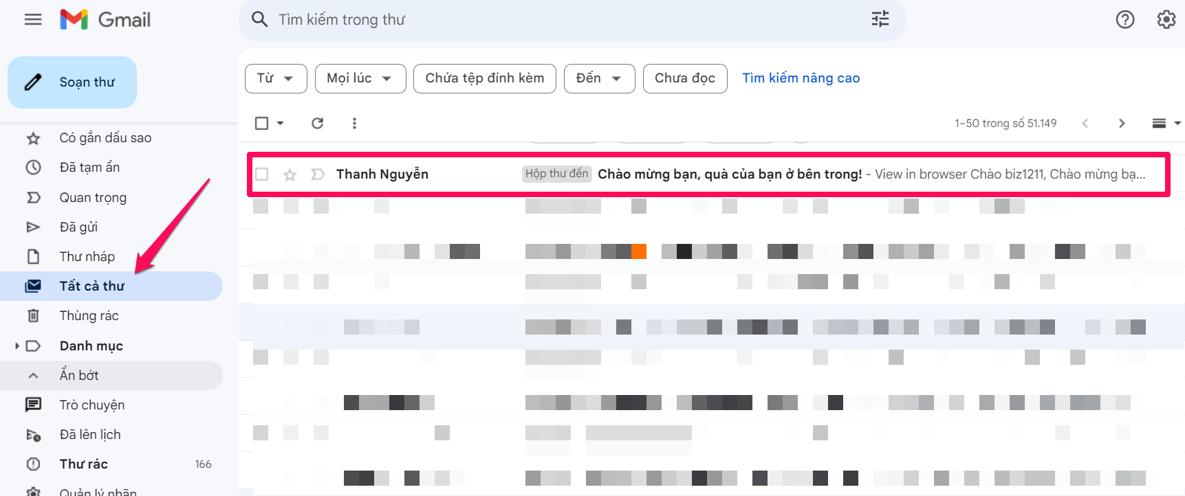 Ảnh minh họa: bấm nút Tất cả thư trong Gmail để không bỏ sót email